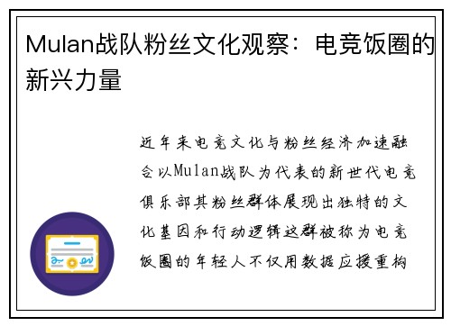 Mulan战队粉丝文化观察：电竞饭圈的新兴力量